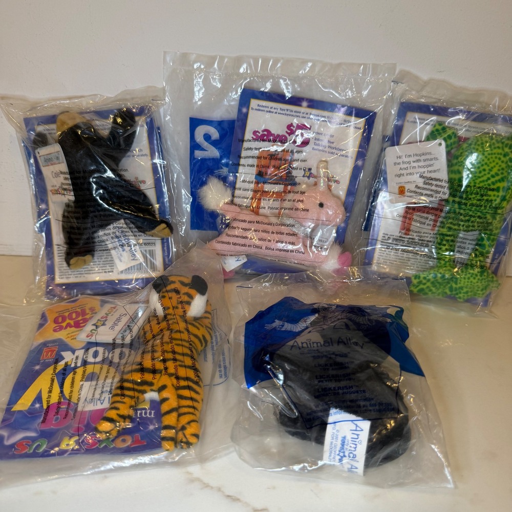 Toy‎ R Us  2001 McDonalds Animal Alley Plush Lot 5 Sealed Tiger Frog Bea vintage
